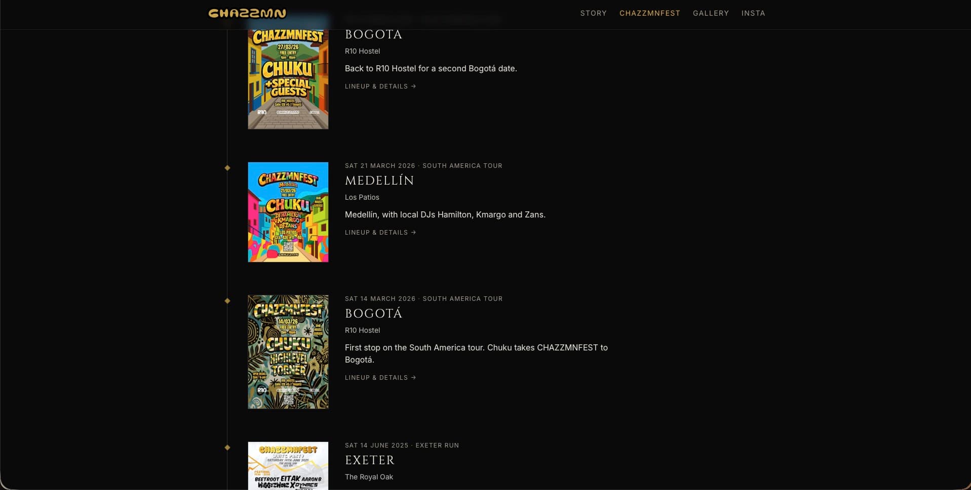 The chazzmnFest timeline on the CHAZZMN website, listing festival editions in Bogotá, Medellín and Exeter with their original posters