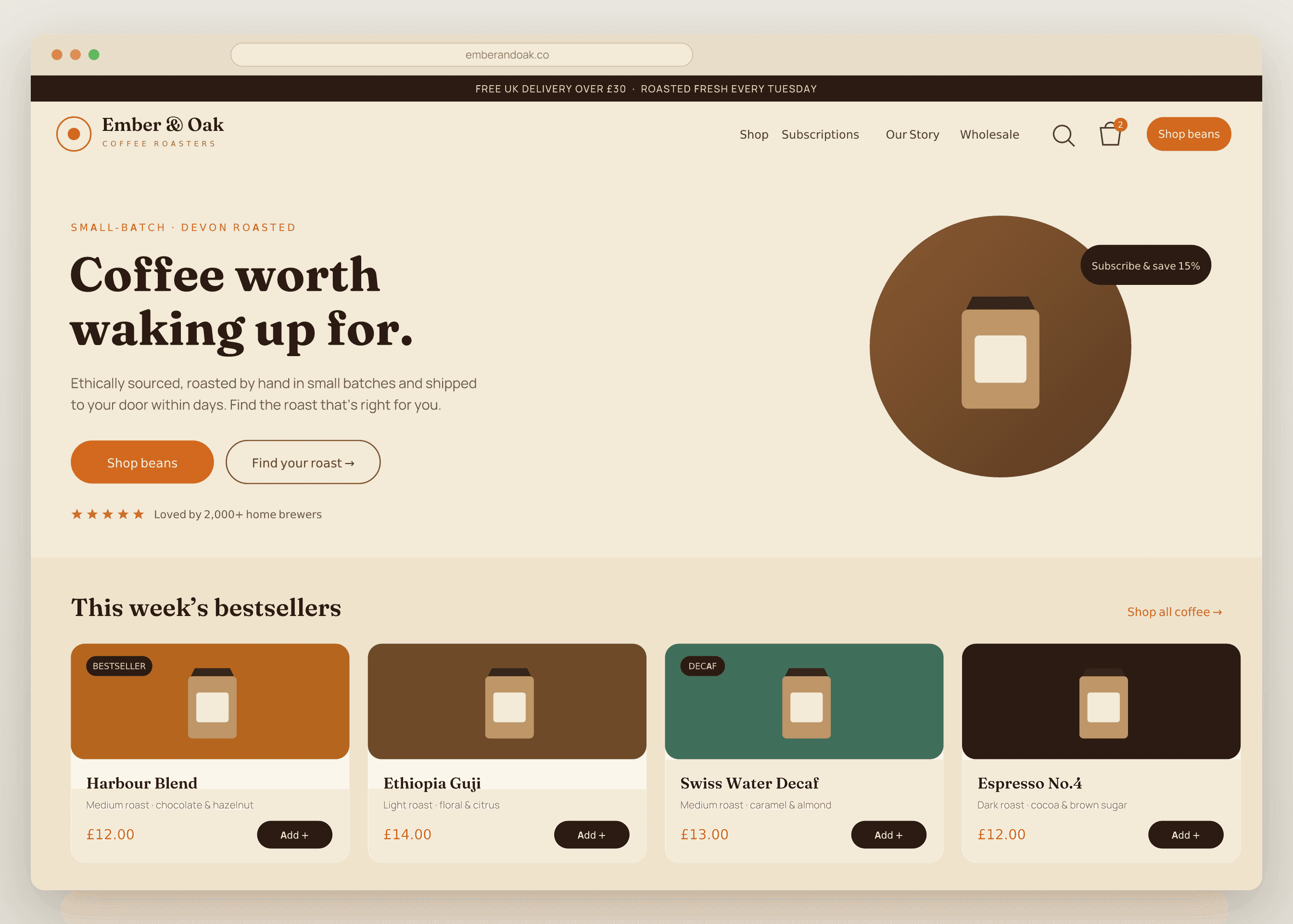Ember & Oak coffee roasters website