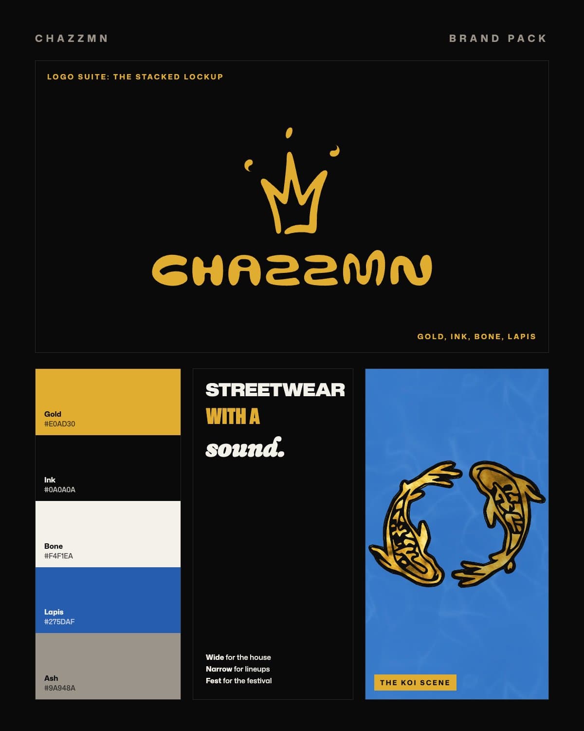 The CHAZZMN brand pack: the stacked crown and name lockup in gold, the gold, ink, bone, lapis and ash palette, the wide, narrow and festival type roles, and the koi scene