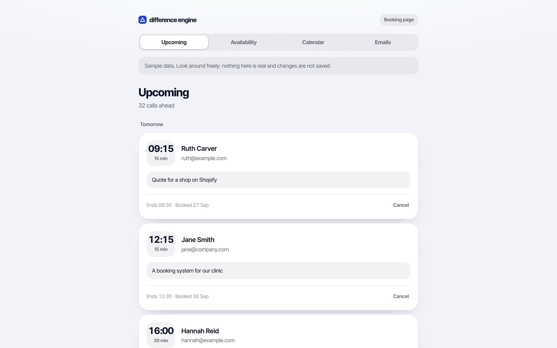 The private dashboard: upcoming calls grouped by day, each with the guest's name, length and what they want to talk about