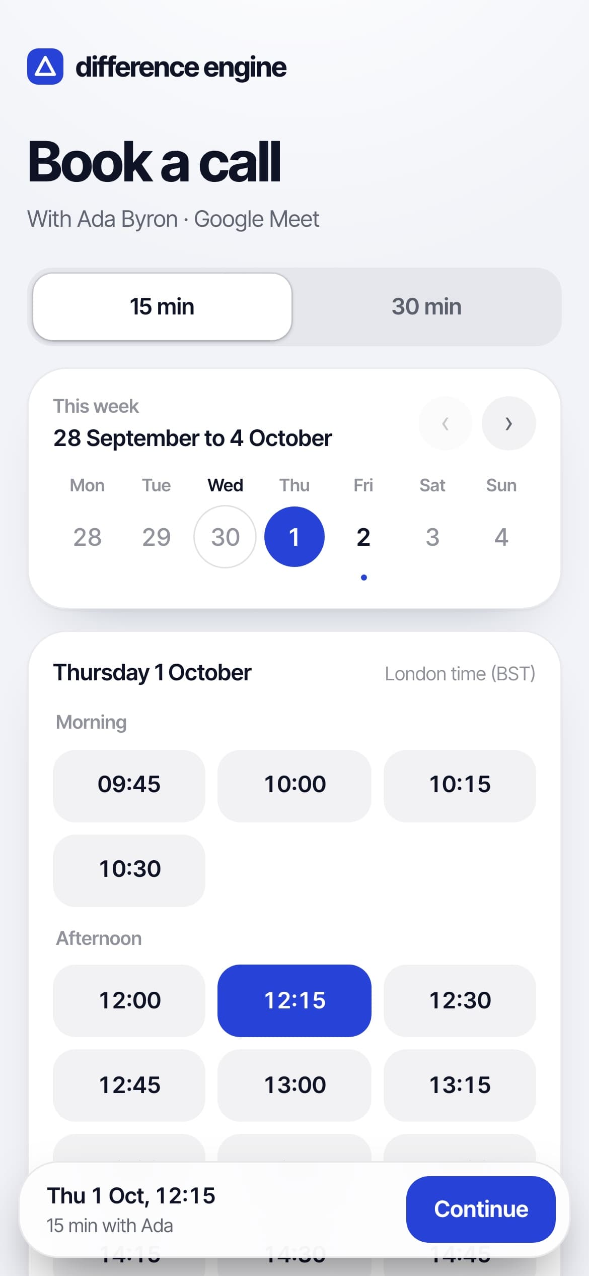The booking page on a phone: 15 or 30 minute choice, a week calendar and the day's free times