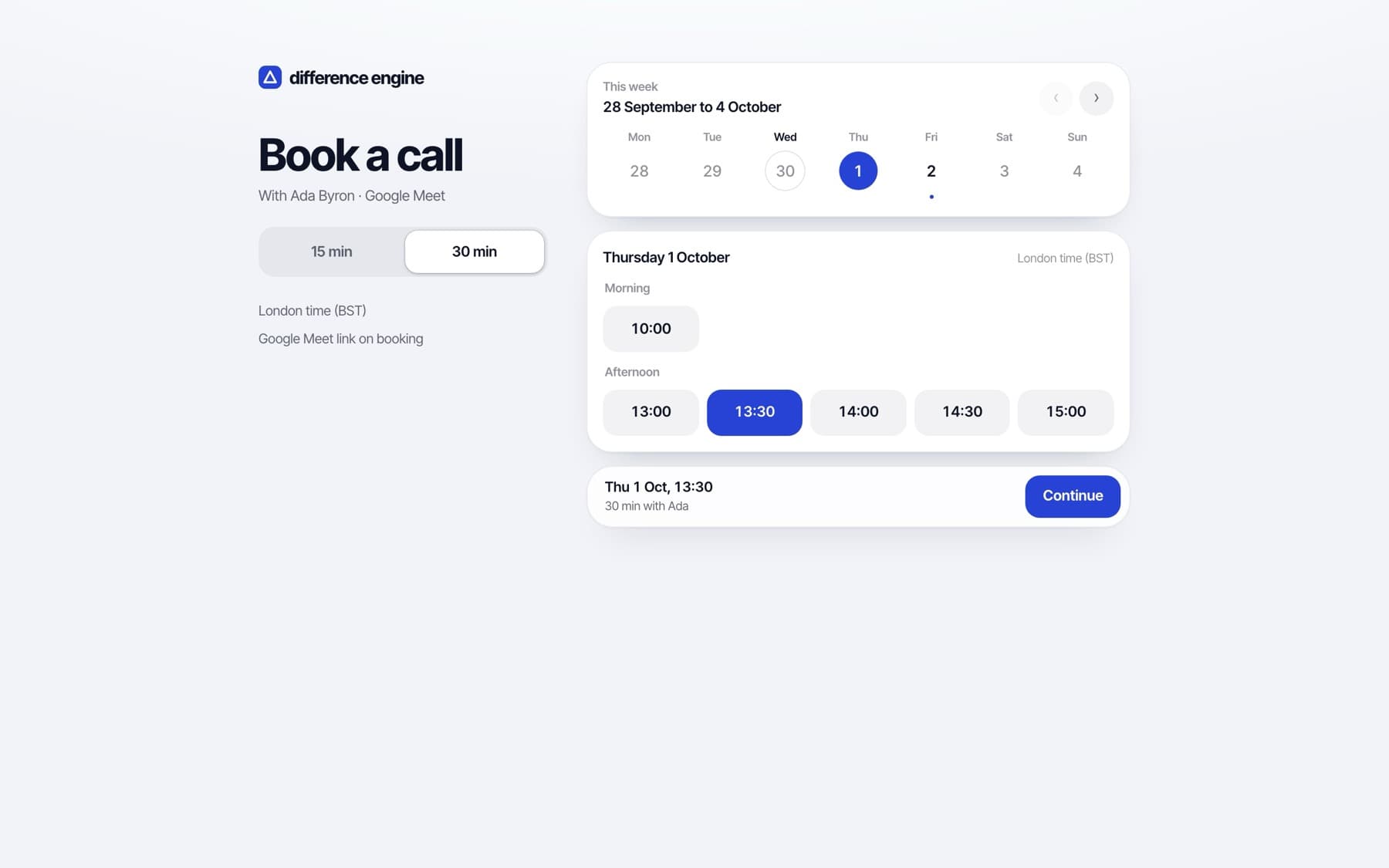 The booking page in the neutral demo brand: a week calendar, a 15 or 30 minute choice and the free times for the chosen day