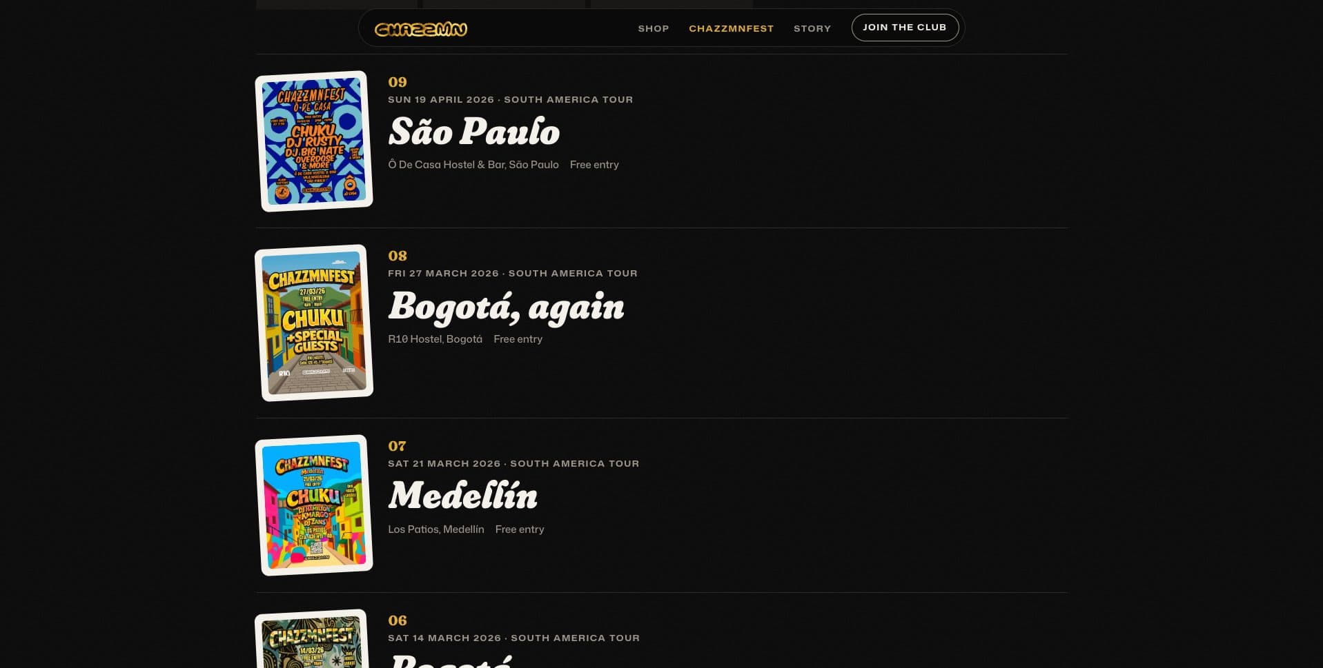The chazzmnFest archive: festival editions in São Paulo, Bogotá and Medellín, each with its poster in a sticker frame