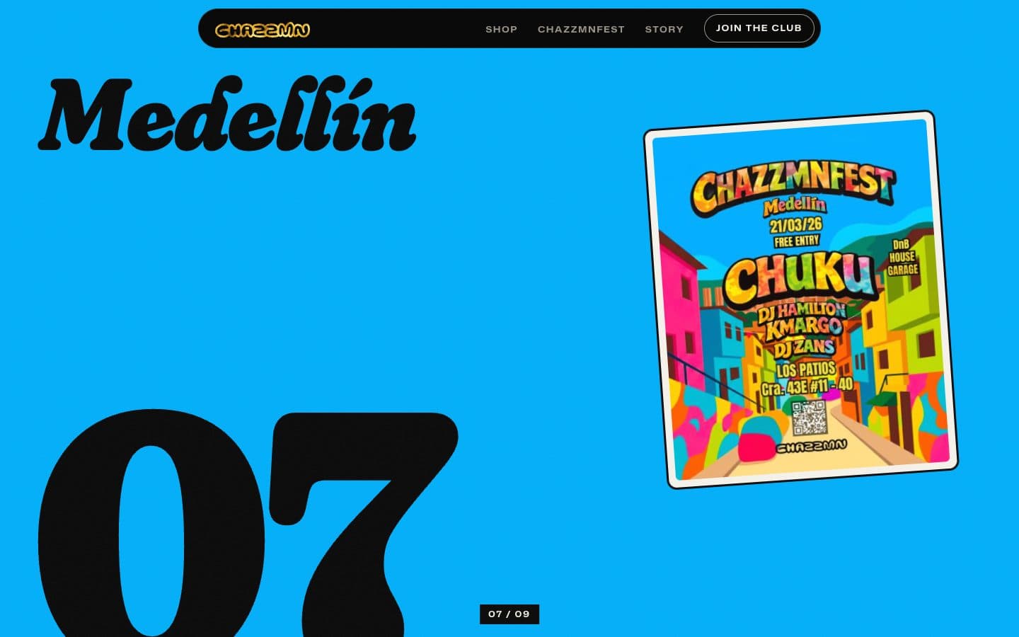 A festival scene on the CHAZZMN home page: the Medellín edition, 07 of 09, in its poster's colours