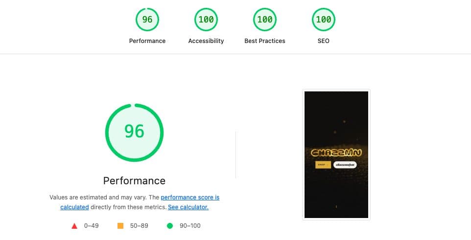 Lighthouse report for the CHAZZMN home page on mobile: 96 performance, 100 accessibility, 100 best practices, 100 SEO