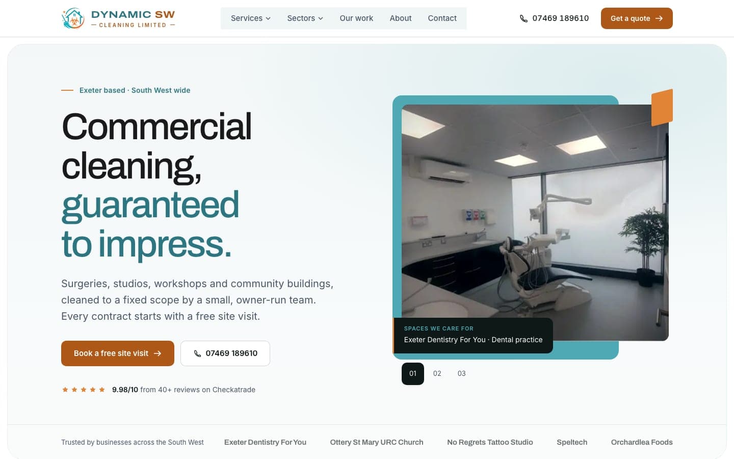 The Dynamic SW Cleaning homepage: Commercial cleaning, guaranteed to impress, beside a framed photograph of a client's dental surgery