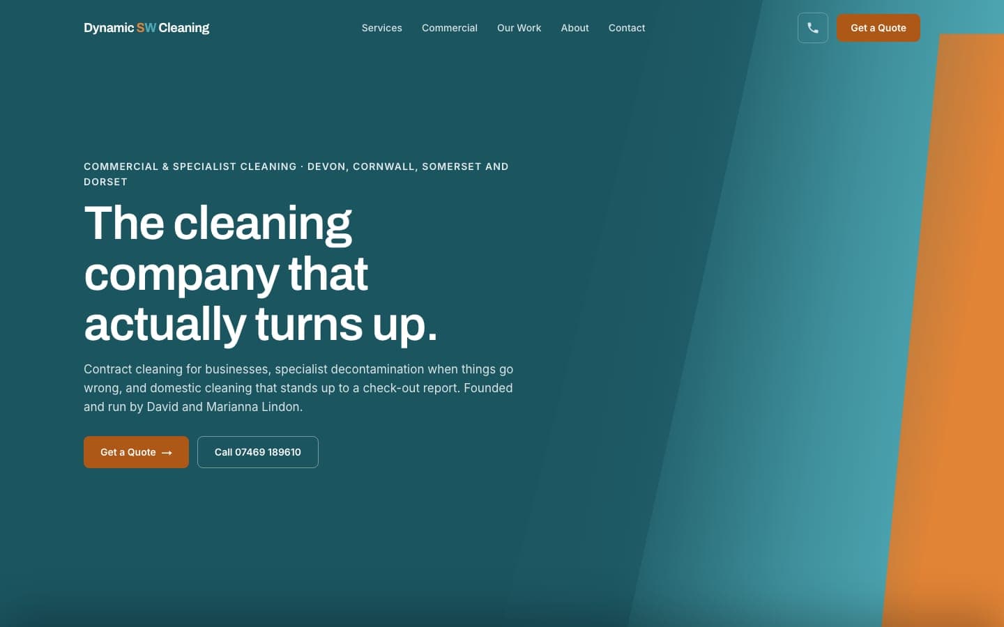The first Dynamic SW Cleaning homepage: a dark hero with drifting teal and orange planes