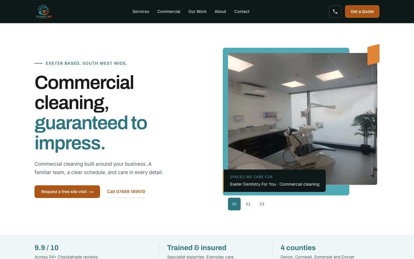 The September Dynamic SW Cleaning homepage: a light layout with framed photographs of client spaces