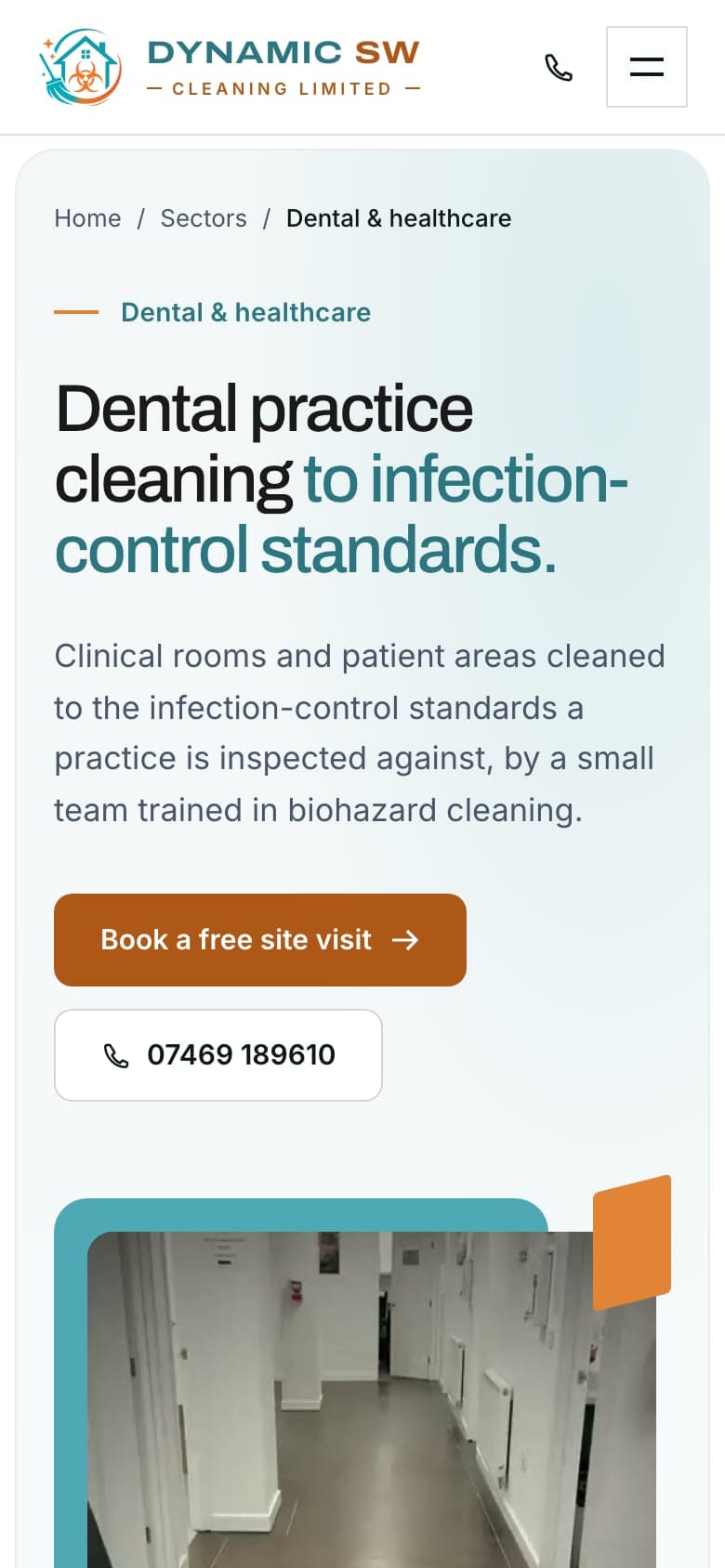 The healthcare and dental sector page on a phone