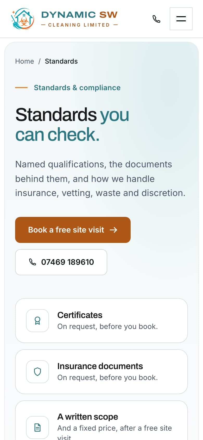 The Standards page on a phone