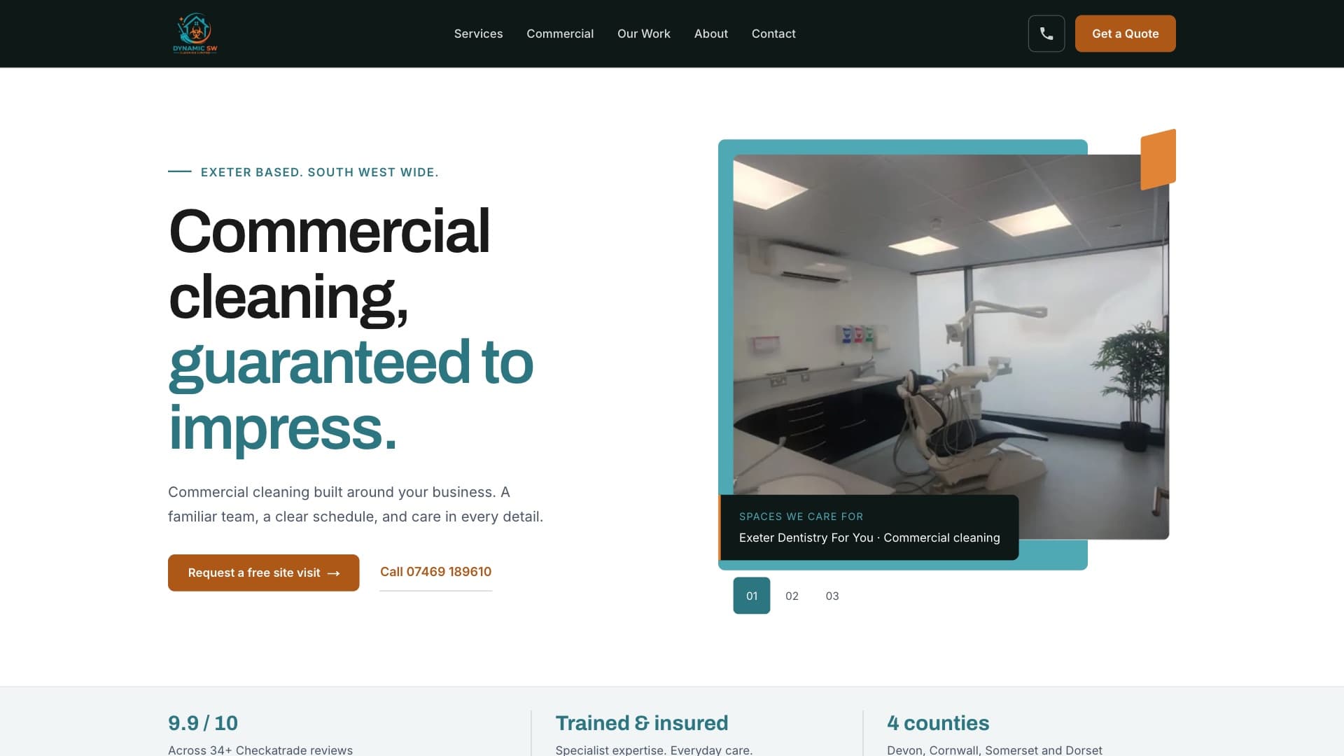 The redesigned Dynamic SW Cleaning homepage, leading with commercial cleaning beside a photograph of a client's dental surgery