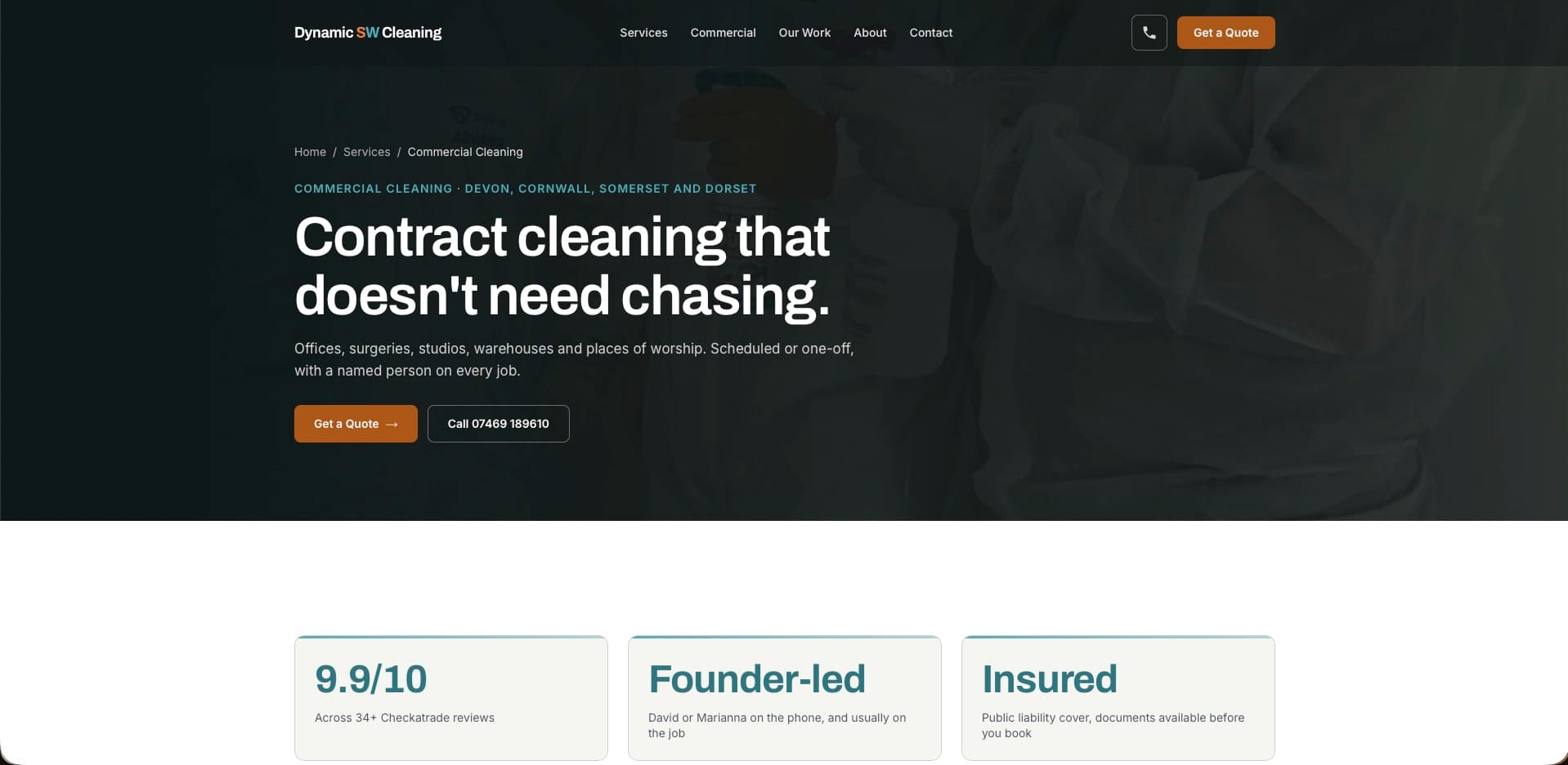 The commercial cleaning page of the Dynamic SW Cleaning website, showing its Checkatrade rating, founder-led and insured trust cards