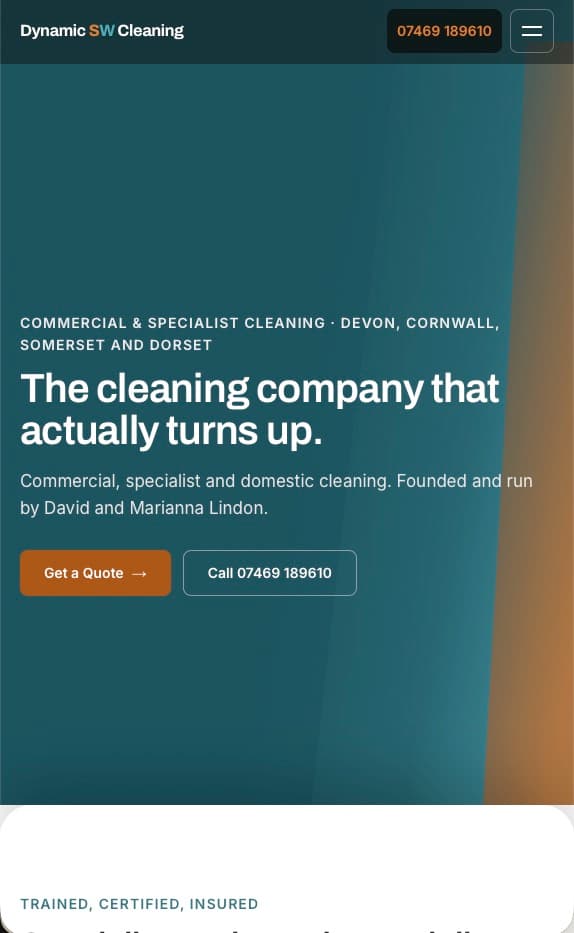 The Dynamic SW Cleaning homepage on a mobile viewport