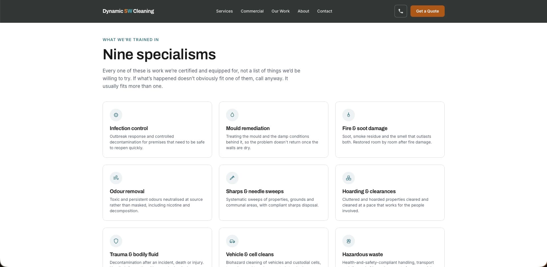 The nine specialisms section of the Dynamic SW Cleaning website, listing infection control, mould remediation, fire and soot damage and more