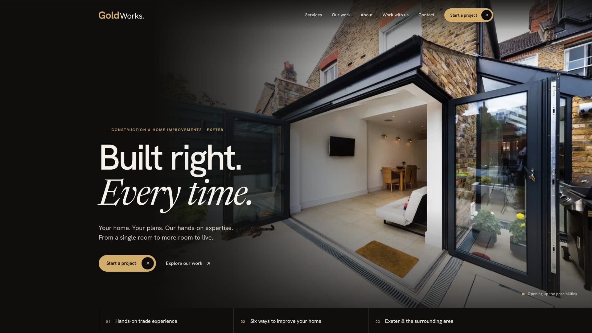 The Gold Works homepage: Built right. Every time. over a photograph of an open-plan rear extension