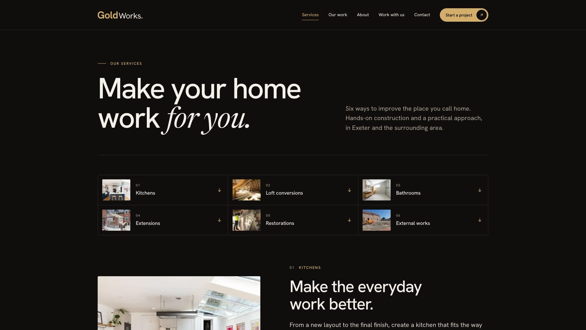 The Gold Works services page, headed Make your home work for you, with a grid of the six services