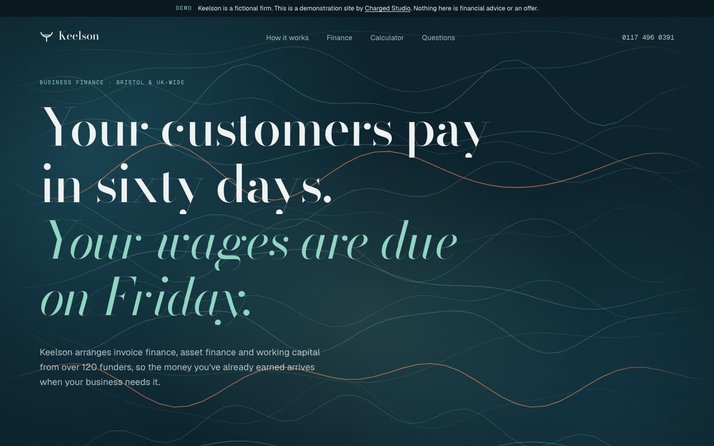 The Keelson Business Finance demo: a deep teal hero with flowing lines and the headline about sixty-day payment terms
