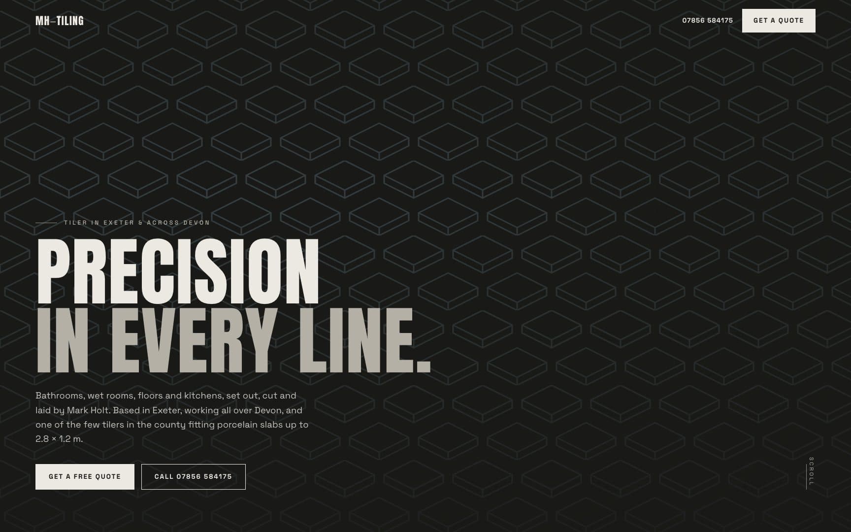 The MH Tiling homepage: Precision in every line, over a pattern of outlined tiles
