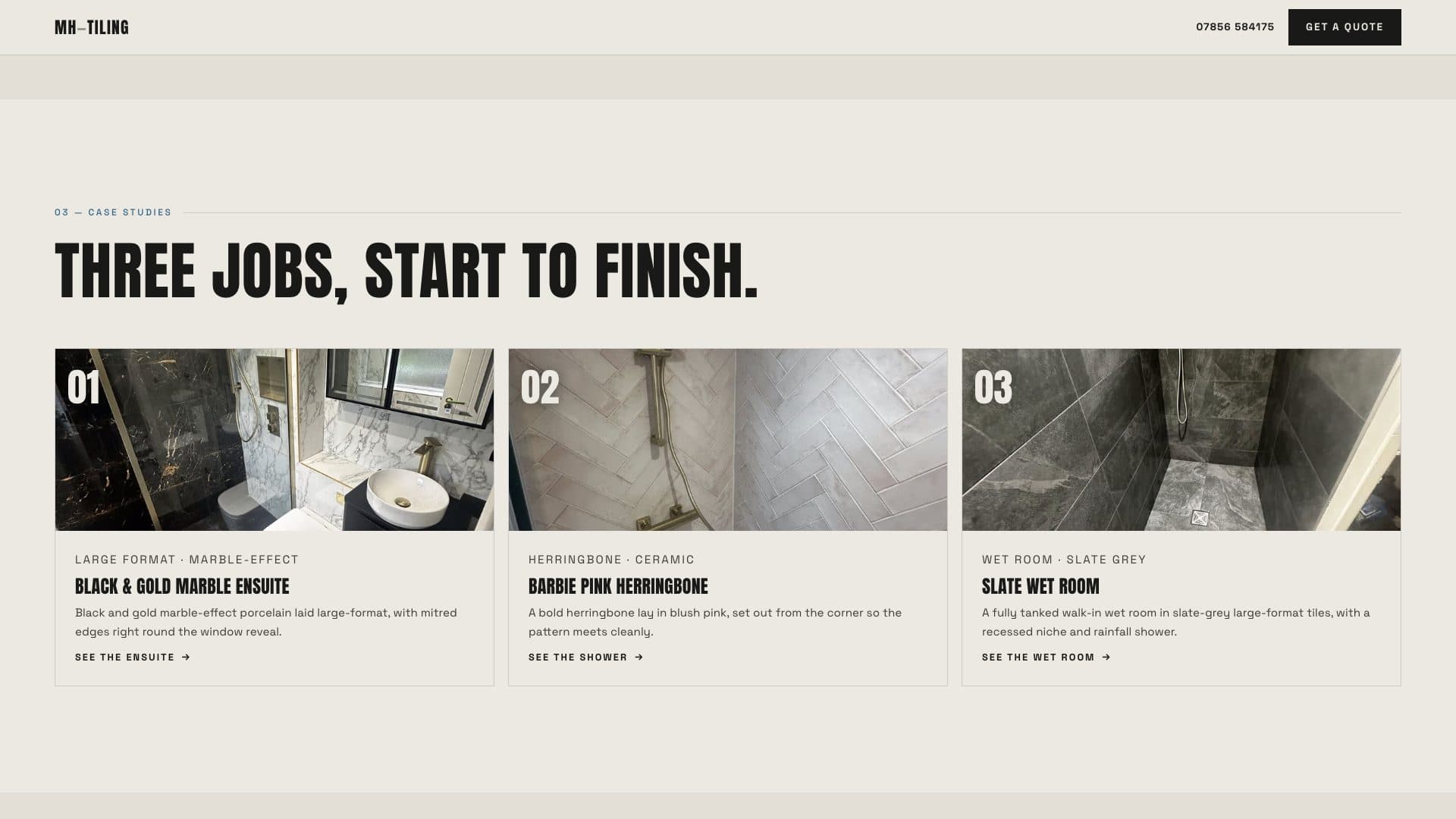 The MH Tiling homepage section Three jobs, start to finish, with cards for a marble ensuite, a pink herringbone shower and a slate wet room