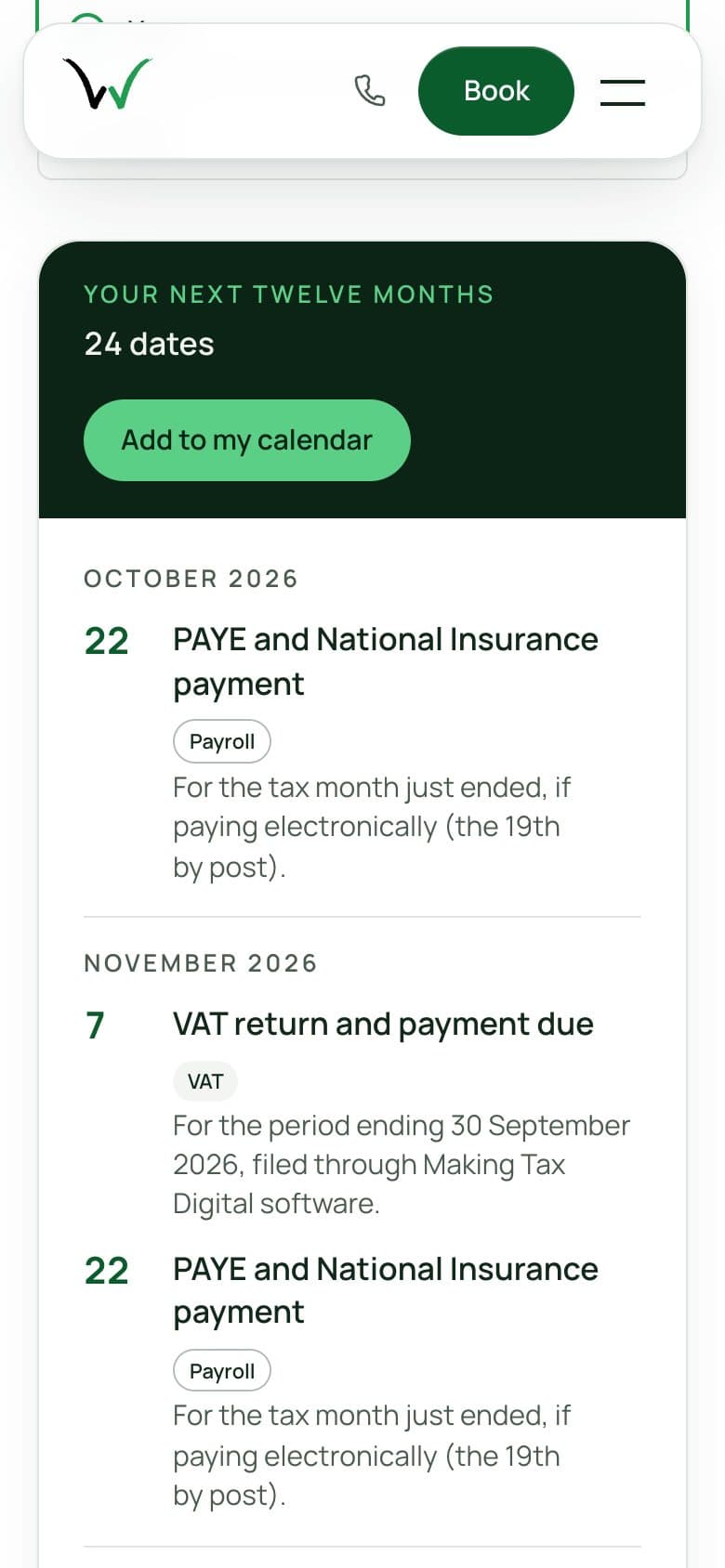 The My tax deadlines tool on a phone, showing a personal list of dates