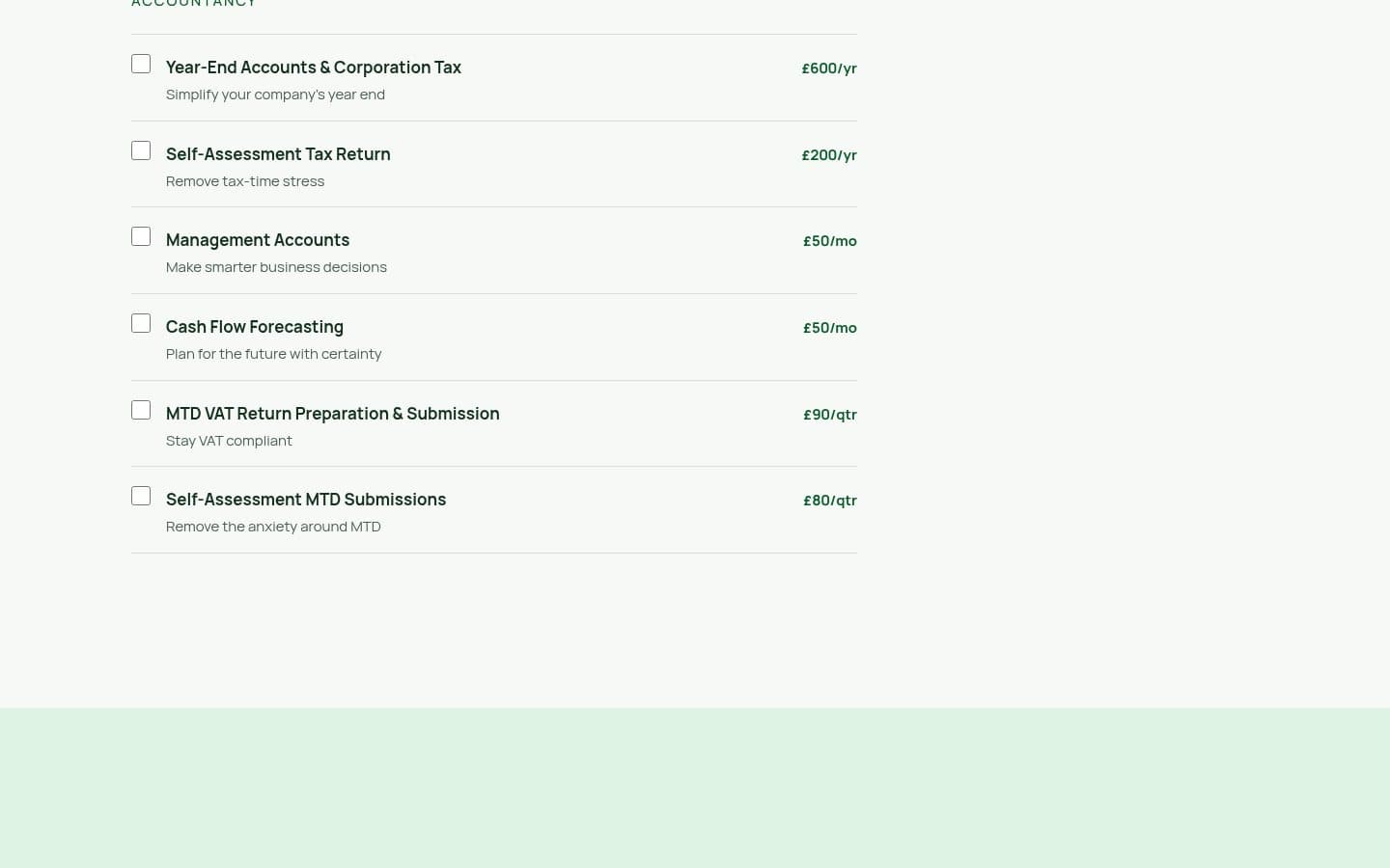 The interactive pricing page, showing each accountancy service with its starting price and a tick box to build a package